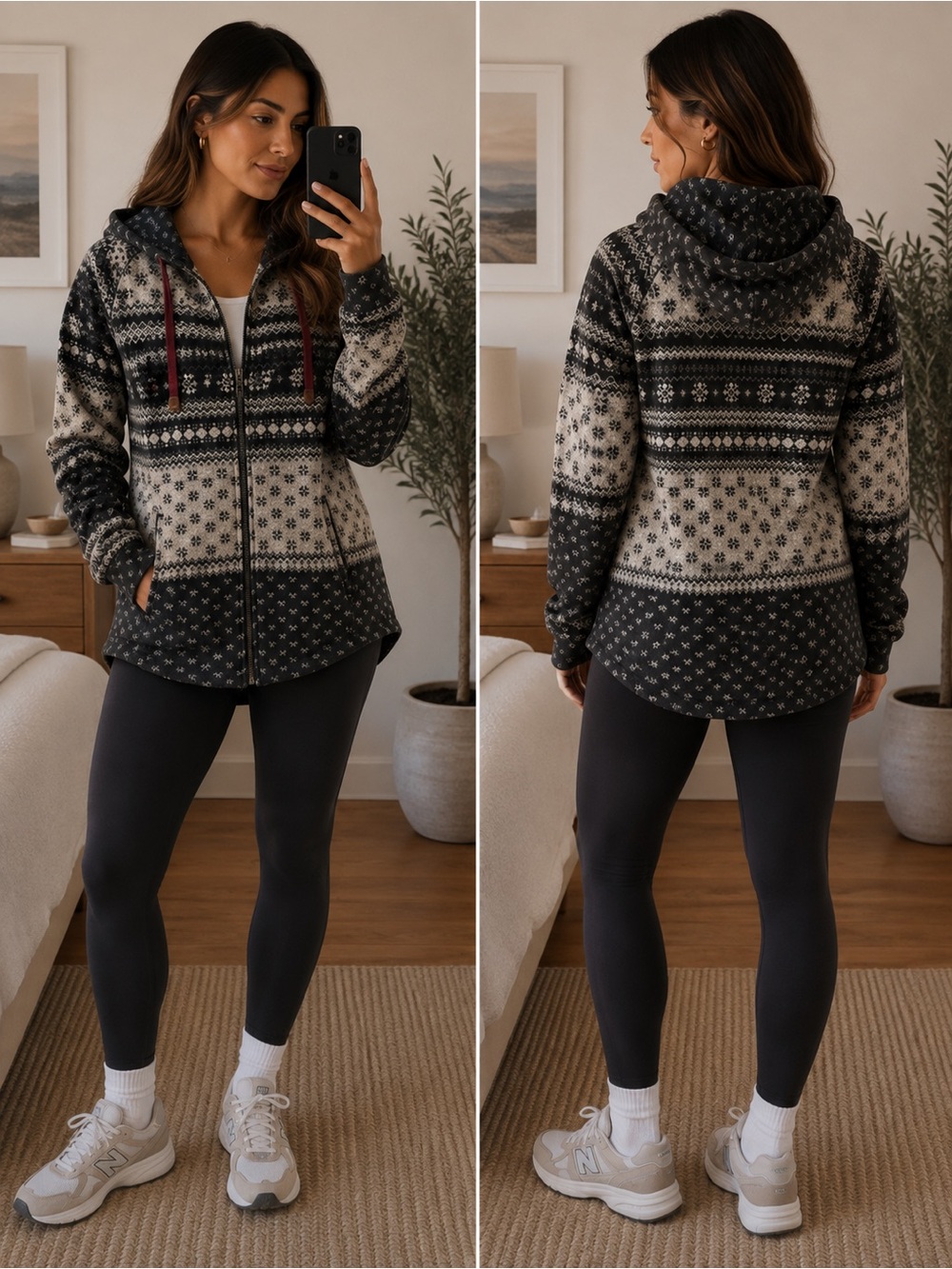 Roots Black and White Patterned Zip-Up Hoodie with Maroon Drawstrings